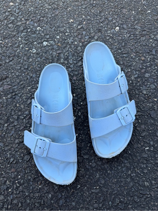 Birkenstock Shoes - Birkenstock Two-Strap Slide Sandals in Light Blue